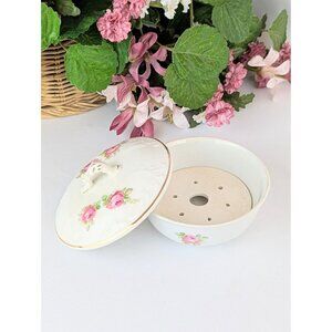 Antique Porcelain Butter Dish 1900s Pink Roses Gold Trim w/Lid and Drip Insert